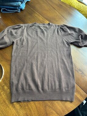 Women's Brown Crewneck Eyelet Knit Sweater